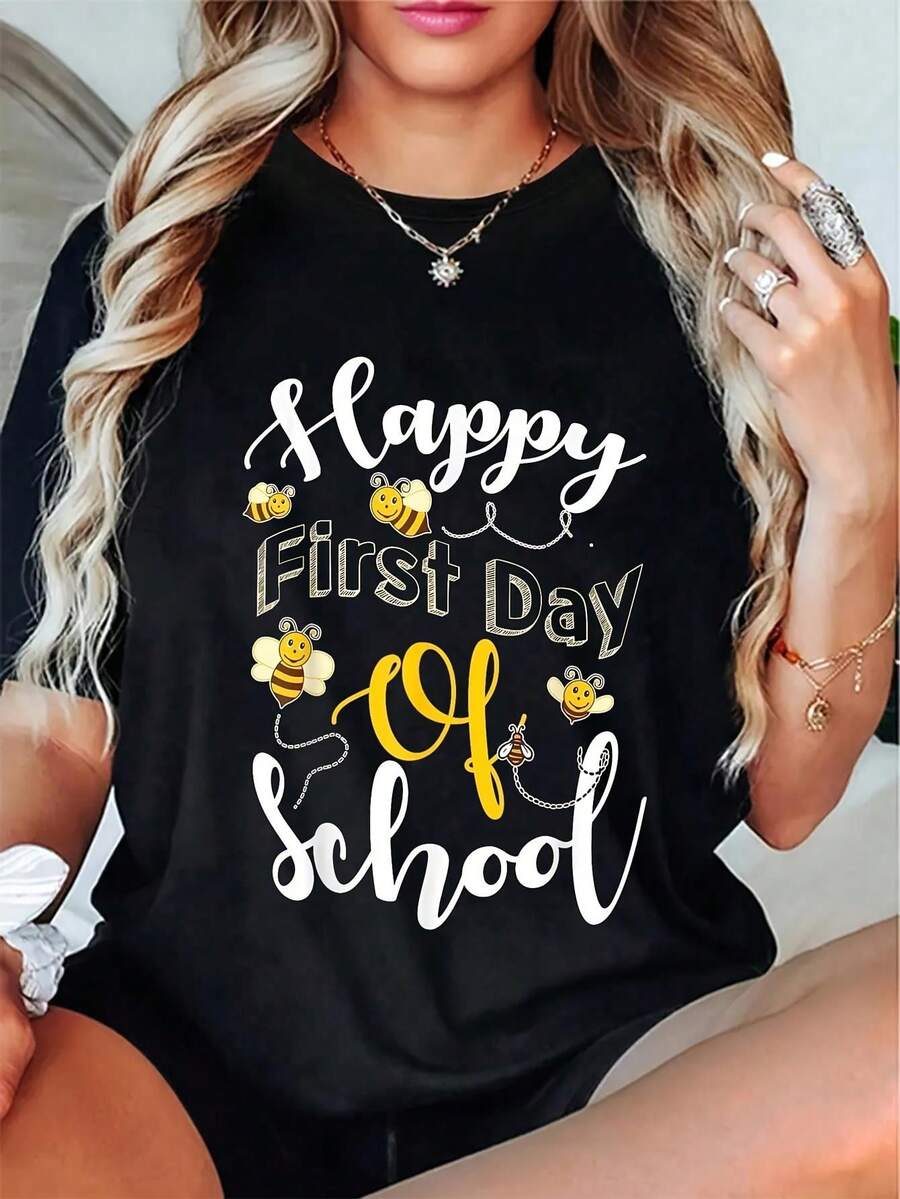 Happy First Day Of Bee Teacher T-Shirt| Cute Bee & Honeycomb Print With Design, Short Sleeve Round Neck Casual Top For Educators, Machine Washable