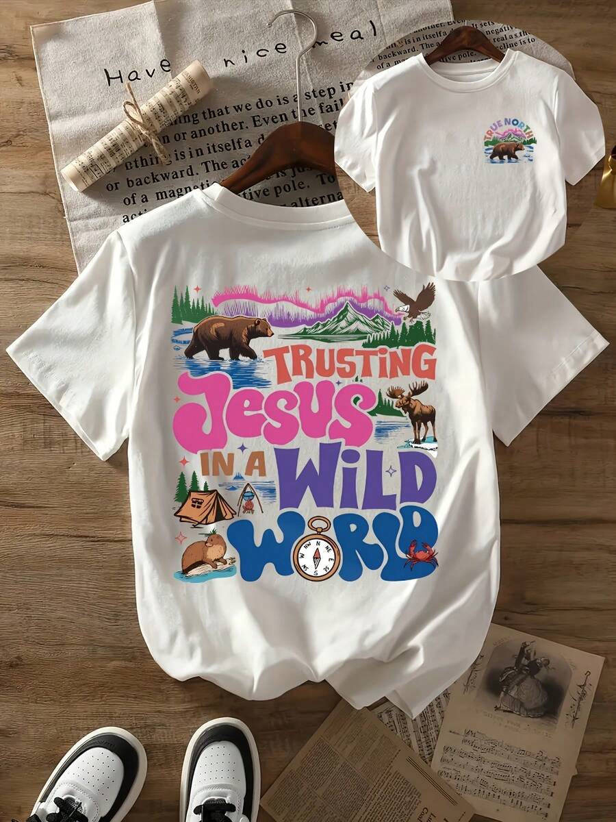 Wo Casual Double-Sided Print Letter And Bear Round Neck Short Sleeve T-Shirt| Spring/Summer Tops, Slight Stretch Fabric, Casual Style