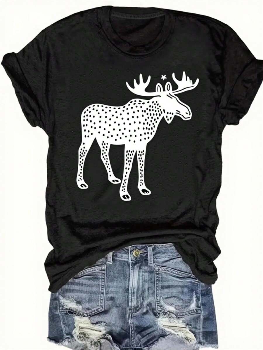 Heavyweight Short Sleeve T-Shirt - Black Crew Neck Moose Print Top With White Polka Dot Moose Design