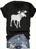 Heavyweight Short Sleeve T-Shirt - Black Crew Neck Moose Print Top With White Polka Dot Moose Design