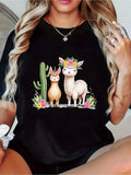 Unisex Black T Shirt With Cute Llama And Cactus Print Short Sleeve Round Neck Casual Summer Top Streetwear Round Neck For Summer