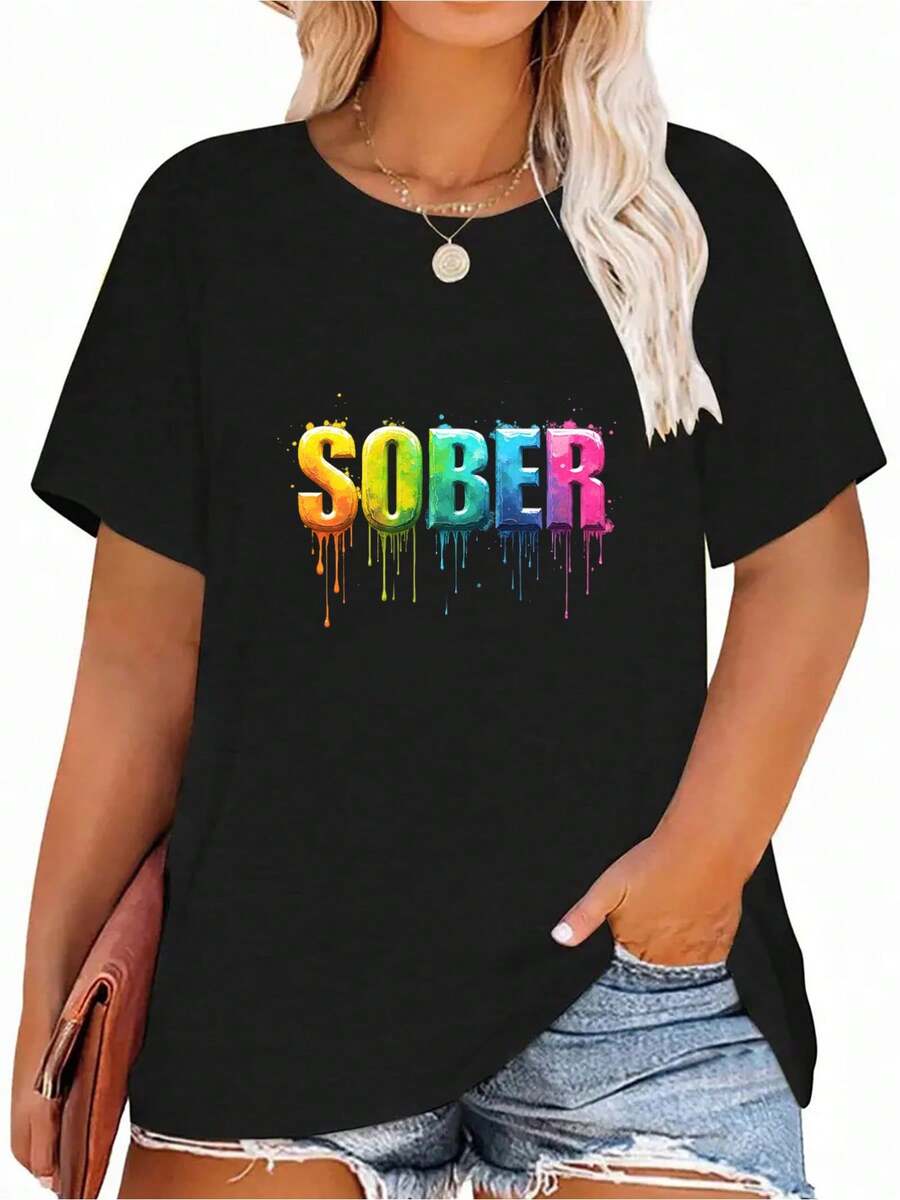 Wo "SOBER" Graphic Tee - Colorful Drip Design, Casual Black Short Sleeve T-Shirt With Round Neck, Perfect For Summer, Casual Attire|Bold Lettering Top|Comfortable Fit