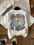Wo White Graphic Print T-Shirt - "Go Make Disciples Of All Nations" Matthew 28:19| Globe And Stars Design, Short Sleeve Crew Neck, Medium Stretch, Machine Washable