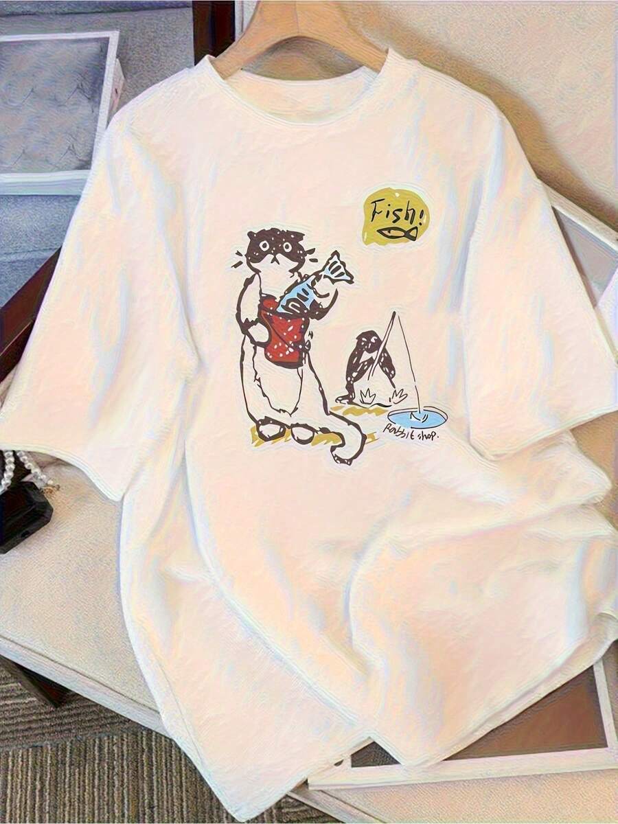 Wo Cute Penguin Fishing Graphic Tee - Loose Fit Casual Everyday Shirt, Breathable Non-Stretch Fabric For Lounge, Outings And Gifts - Machine Washable Wo Top, Leisure Wear