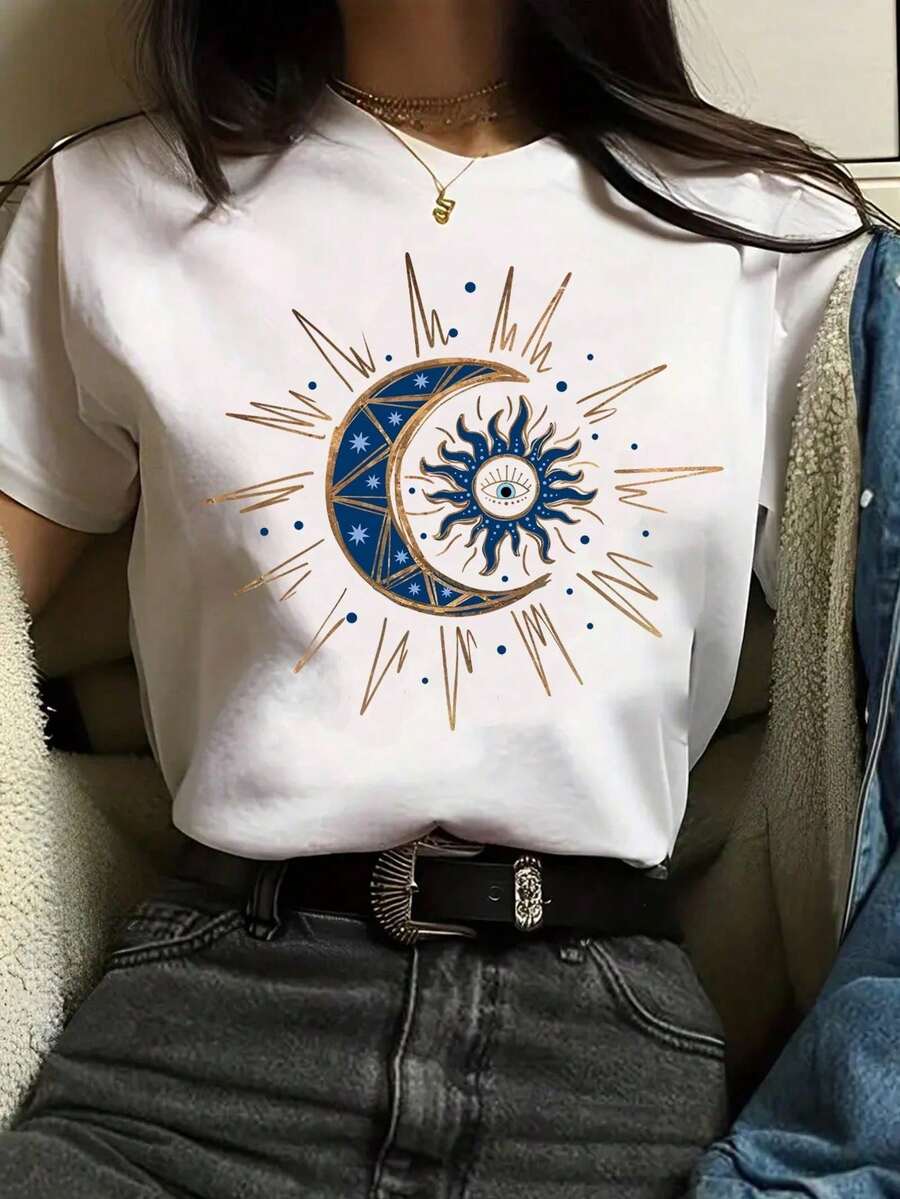 Bohemian Moon Print Women's Cotton Short Sleeve T-Shirt - Soft, Comfortable, Round Neck Casual Top For Casual Attire, All Seasons, Machine Washable, Regular Fit
