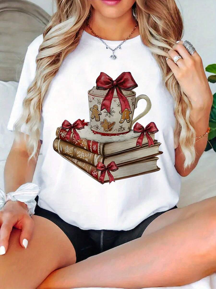 Women'S T-Shirt With Bow& Books Graphic- Casual, Soft, Breathable Crewneck Short-Sleeve Top, Ideal For Daily Wear& Fitness, Soft, Skin-Friendly, Comfortable, Unisex Clothing