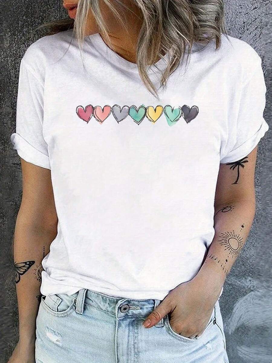 Hearts Print Crew Neck T-Shirt, Casual Short Sleeve Top For Spring& Summer, Women'S Clothing, Soft, Skin-Friendly, Comfortable, Unisex Clothing, Perfect Gift, All-Season Wear