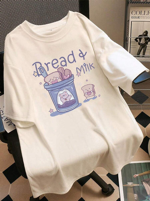 1pc Women's Casual Cotton T-Shirt With Cute "Bread + Milk" Cartoon Print, Round Neck, Short Sleeve, Regular Fit - Soft, Skin-Friendly