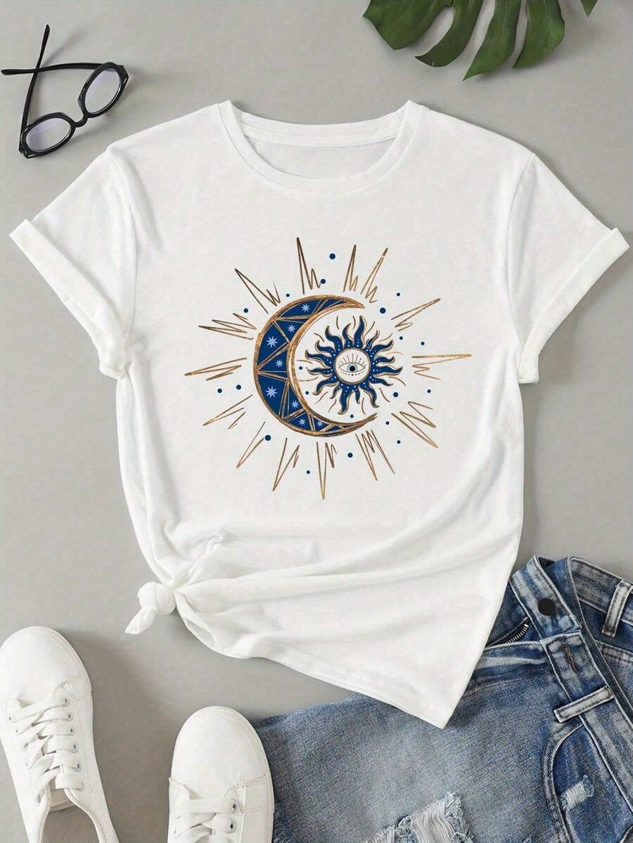 Bohemian Moon Print Women's Cotton Short Sleeve T-Shirt - Soft, Comfortable, Round Neck Casual Top For Casual Attire, All Seasons, Machine Washable, Regular Fit