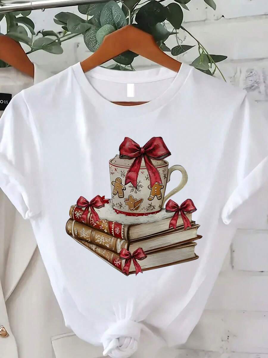 Women'S T-Shirt With Bow& Books Graphic- Casual, Soft, Breathable Crewneck Short-Sleeve Top, Ideal For Daily Wear& Fitness, Soft, Skin-Friendly, Comfortable, Unisex Clothing