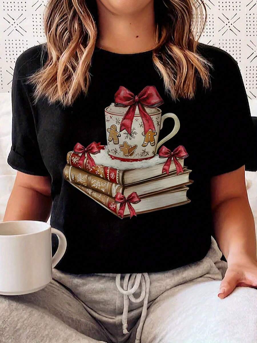 Women'S T-Shirt With Bow& Books Graphic- Casual, Soft, Breathable Crewneck Short-Sleeve Top, Ideal For Daily Wear& Fitness, Soft, Skin-Friendly, Comfortable, Unisex Clothing