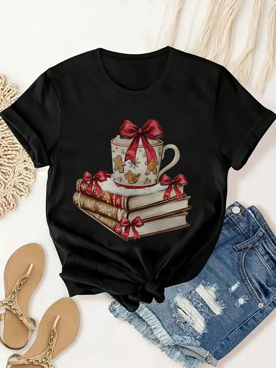 Women'S T-Shirt With Bow& Books Graphic- Casual, Soft, Breathable Crewneck Short-Sleeve Top, Ideal For Daily Wear& Fitness, Soft, Skin-Friendly, Comfortable, Unisex Clothing