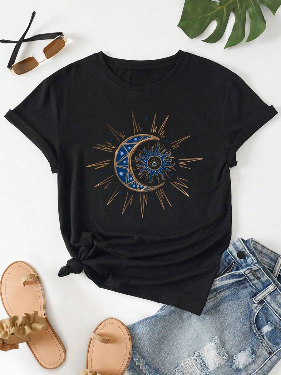 Bohemian Moon Print Women's Cotton Short Sleeve T-Shirt - Soft, Comfortable, Round Neck Casual Top For Casual Attire, All Seasons, Machine Washable, Regular Fit