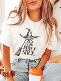 Women'S Witch Graphic T-Shirt, "Yes I Can Drive A Stick" Humorous Design, Comfort Fit Crew Neck Casual Tee For Spring/Summer, Ladies T Shirts, For Halloween