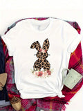 Soft & Comfortable Cotton T-Shirt With Leopard Print Rabbit & Floral Design - Unisex Round Neck Short Sleeve Tee For Casual Attire