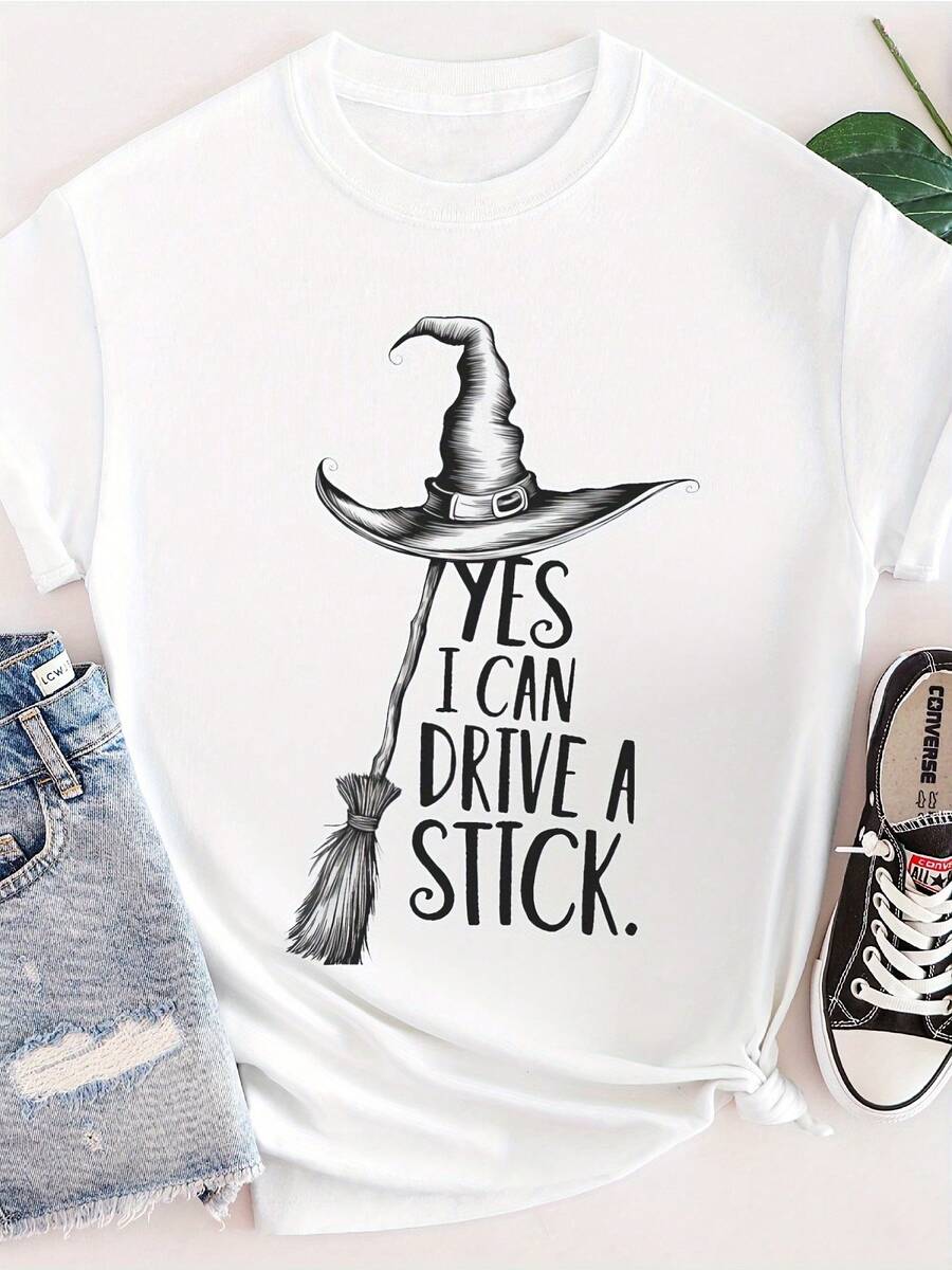 Women'S Witch Graphic T-Shirt, "Yes I Can Drive A Stick" Humorous Design, Comfort Fit Crew Neck Casual Tee For Spring/Summer, Ladies T Shirts, For Halloween