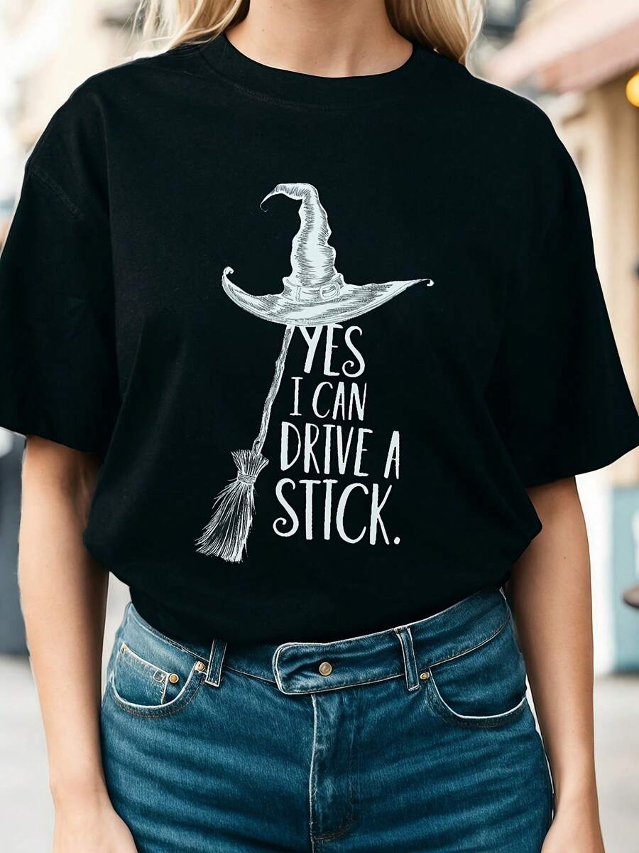 Women'S Witch Graphic T-Shirt, "Yes I Can Drive A Stick" Humorous Design, Comfort Fit Crew Neck Casual Tee For Spring/Summer, Ladies T Shirts, For Halloween