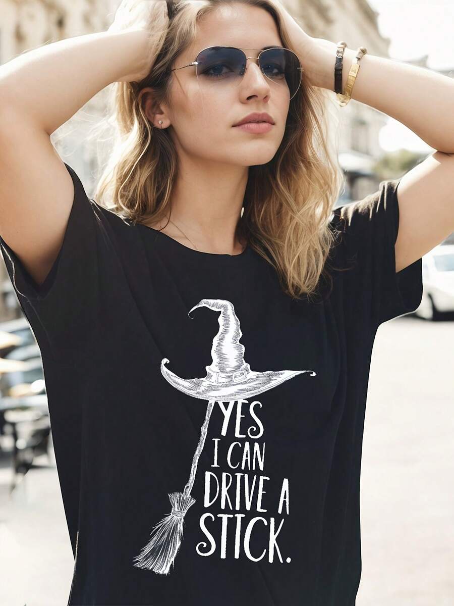 Women'S Witch Graphic T-Shirt, "Yes I Can Drive A Stick" Humorous Design, Comfort Fit Crew Neck Casual Tee For Spring/Summer, Ladies T Shirts, For Halloween