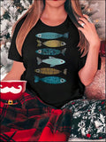 1pc Women'S Casual Crew Neck T-Shirt With Creative Cartoon Fish Print, Fabric, Medium Stretch, Animal Pattern, All-Season Comfort Fit