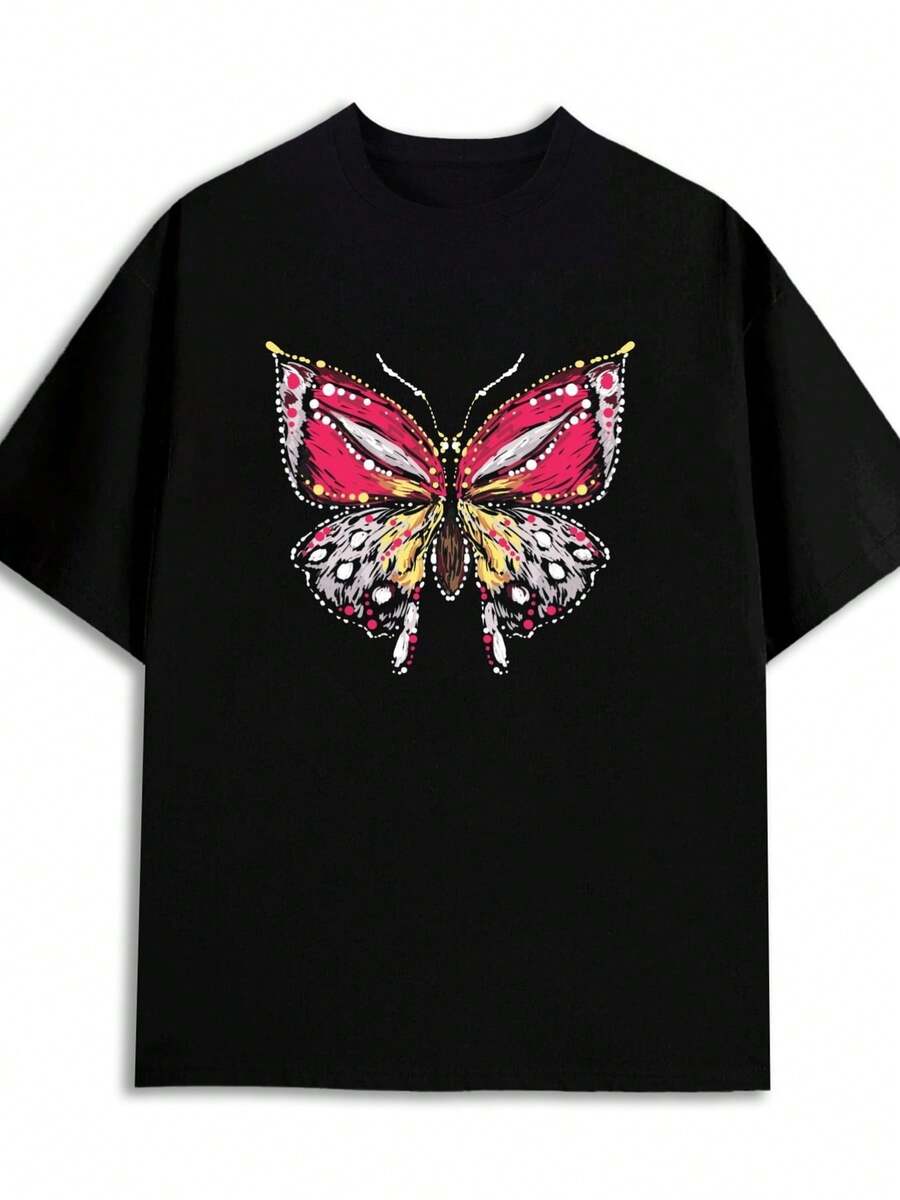 Butterfly Black Tee Butterfly Print T Shirts For Women 180G 100% Black Daily And Weekend Wear All-Season Top, Stylish And Y Look