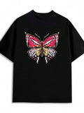 Butterfly Black Tee Butterfly Print T Shirts For Women 180G 100% Black Daily And Weekend Wear All-Season Top, Stylish And Y Look