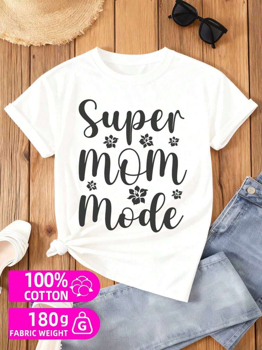 Super Mom Mode Tee 1pc Casual Couple Outfits 180G 100% Graphic Elegantly Funny White Lightweight, Perfect For Casual Wear, Ideal For Outdoor Weekend Casual Wear Comfortable Elastic Fabric