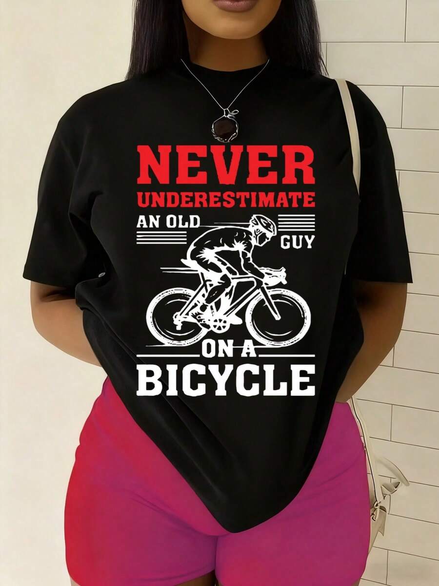 Women's 180g 100% T-Shirt - Soft Casual Short Sleeve Round Neck Tee With "Never Underestimate" Funny Slogan Print, Black Comfortable Casual Attire For, Weekend Outfits & Humor Gift Idea