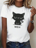 Wo White Cat And Meh Graphic T-Shirt| Cute Black Cat Face With Expressive Eyes, Relaxed Fit Crewneck Short Sleeve
