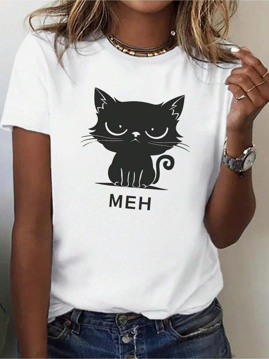 Wo White Cat And Meh Graphic T-Shirt| Cute Black Cat Face With Expressive Eyes, Relaxed Fit Crewneck Short Sleeve