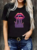 Wo White Short Sleeve Casual T-Shirt| Elegant Round Neck Graphic Print Lips And Rings Design