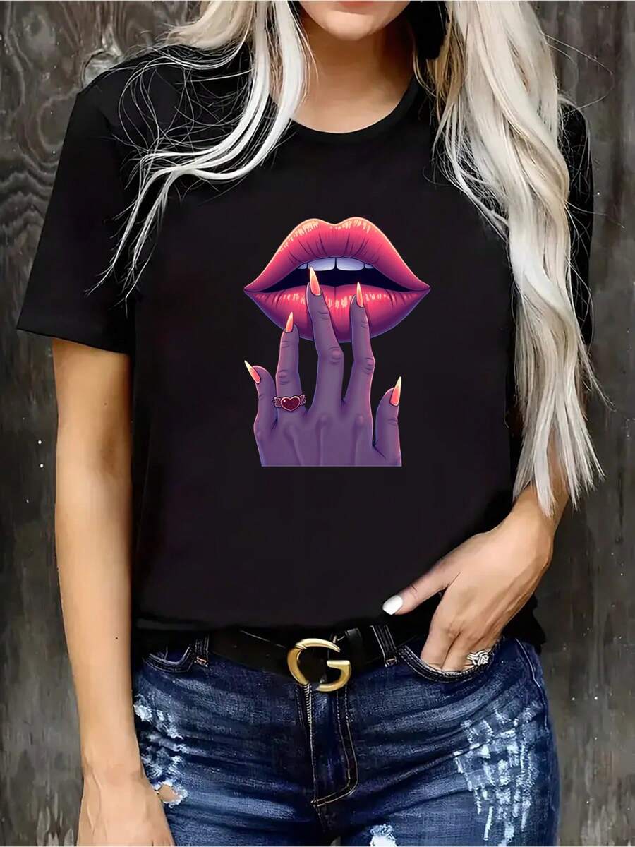 Wo White Short Sleeve Casual T-Shirt| Elegant Round Neck Graphic Print Lips And Rings Design