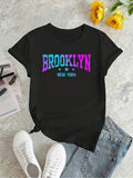 Women's 100% Oversized T-Shirt With Neon Pink & Blue 'BROOKLYN' Letter Print - Casual Round Neck Short Sleeve Summer Tee, White Breathable Casual Attire For Parties
