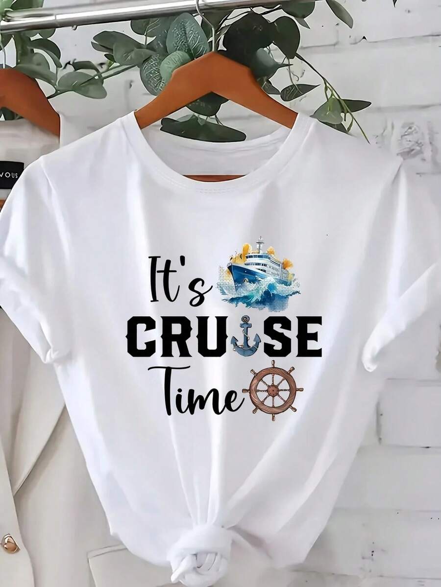 Fashionable Letter Cartoon Print Women'S Round Neck T-Shirt, Simple Design, Comfortable And Breathable, Suitable For Daily Leisure And Versatile