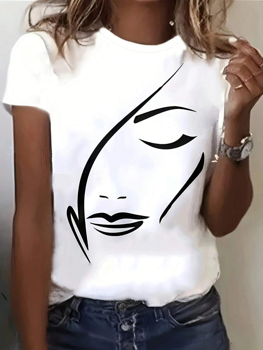 Women's Anime Face Graphic Cotton T-Shirt - Soft Breathable Round Neck Short Sleeve, Loose Fit Casual Top For Spring/Summer, Machine Washable Everyday & Party Wear
