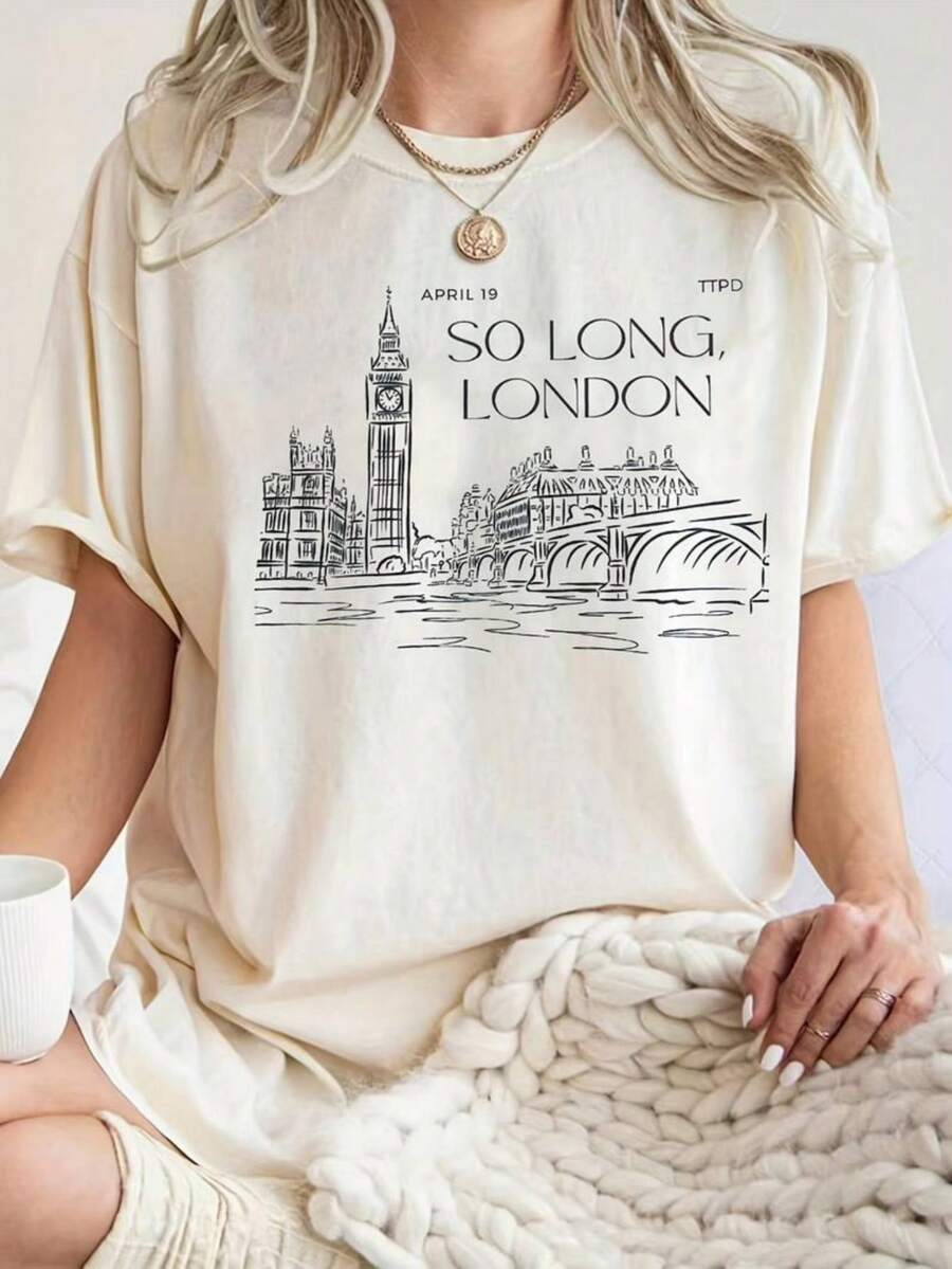 1pc Women'S Elegant Round Neck Short-Sleeve T-Shirt| Fun Print, Soft Fabric, Casual Versatile Top For Spring & Summer, Machine Washable, Stylish Letter Print, Comfortable Fit