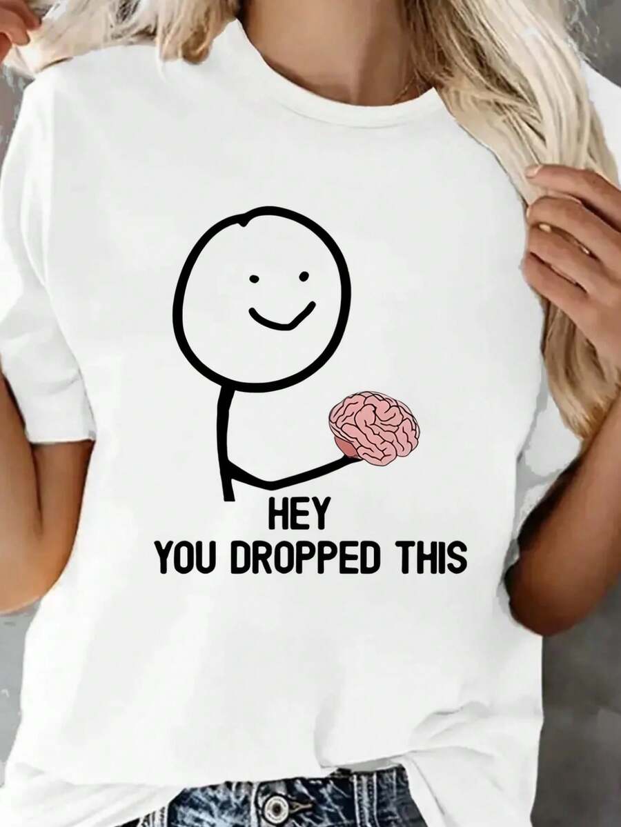 Fashionable Letter Cartoon Print Women's Round Neck T-Shirt, Simple Design, Comfortable And Breathable, Suitable For Daily Leisure And Versatile, Showing A Natural And Elegant Style