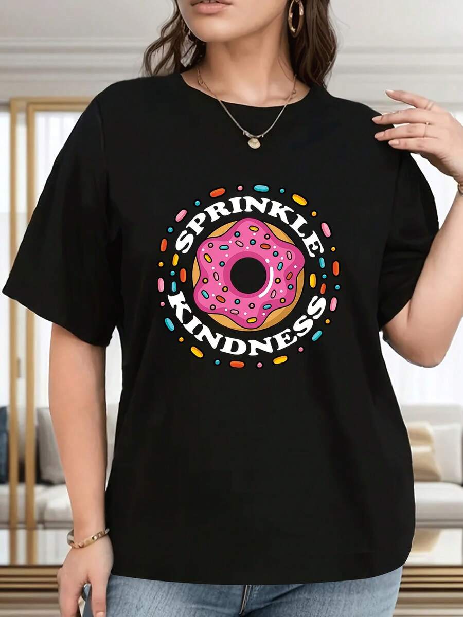 Plus Size, Plus-Size Women's Casual T-Shirt - Donut & "Sprinkle Kindness" Graphic Print, Lightweight Breathable Soft Fabric, Round Neck Short Sleeve, Machine Washable