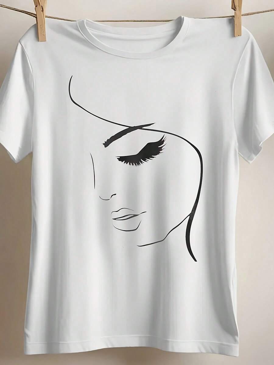 Women's Anime Face Graphic Cotton T-Shirt - Soft Breathable Round Neck Short Sleeve, Loose Fit Casual Top For Spring/Summer, Machine Washable Everyday & Party Wear