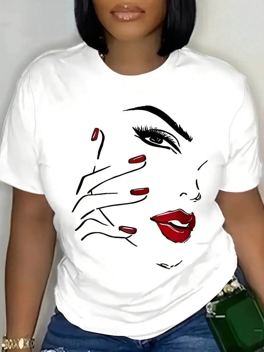 Women's Anime Face Graphic Cotton T-Shirt - Soft Breathable Round Neck Short Sleeve, Loose Fit Casual Top For Spring/Summer, Machine Washable Everyday & Party Wear