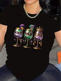 Short Sleeve T-Shirt For Women, Polyester Fabric, Mardi Gras Party Design With Colorful Glasses And Crown, Lightweight And Durable