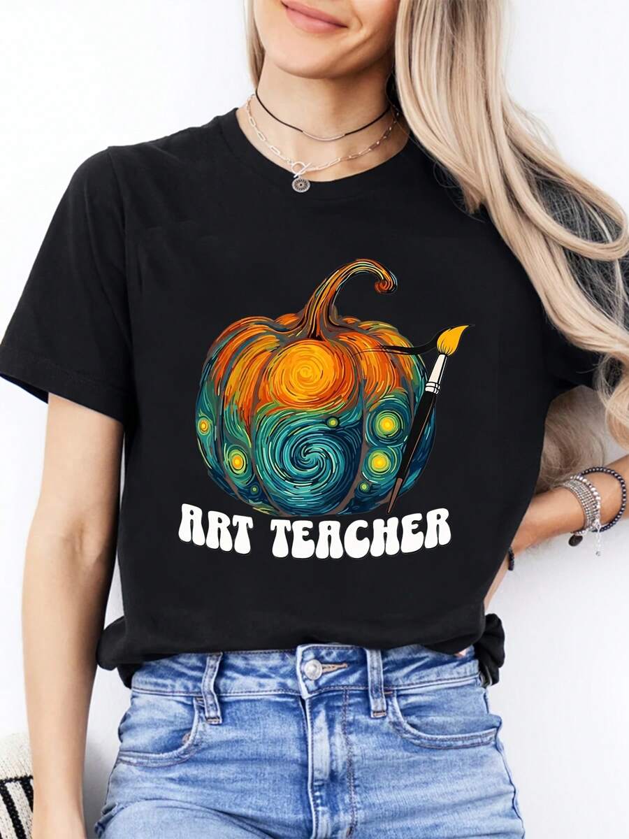 Thanksgiving Day Women's Round-Neck Fashionable Casual T-Shirt With Pumpkin Art Brush Pattern And Art Teacher Theme