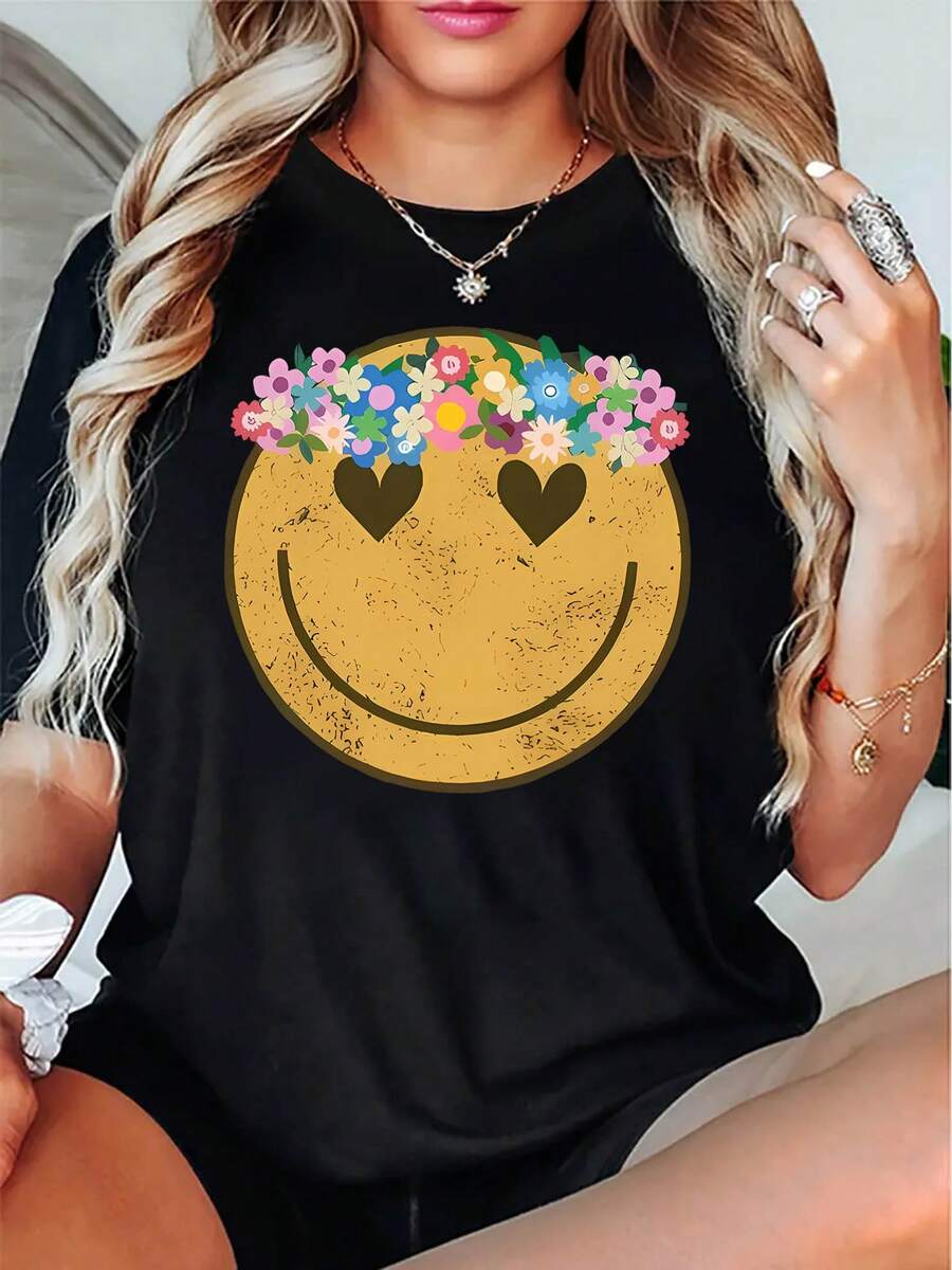Creative Floral Smiling Pattern Printed Women'S Casual Sports T-Shirt, Round Neck, Short Sleeves, Comfortable Summer Top For Holidays
