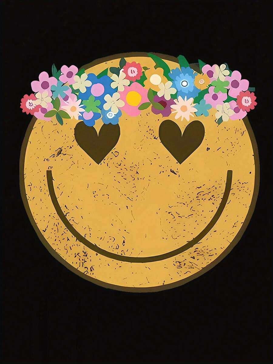 Creative Floral Smiling Pattern Printed Women'S Casual Sports T-Shirt, Round Neck, Short Sleeves, Comfortable Summer Top For Holidays