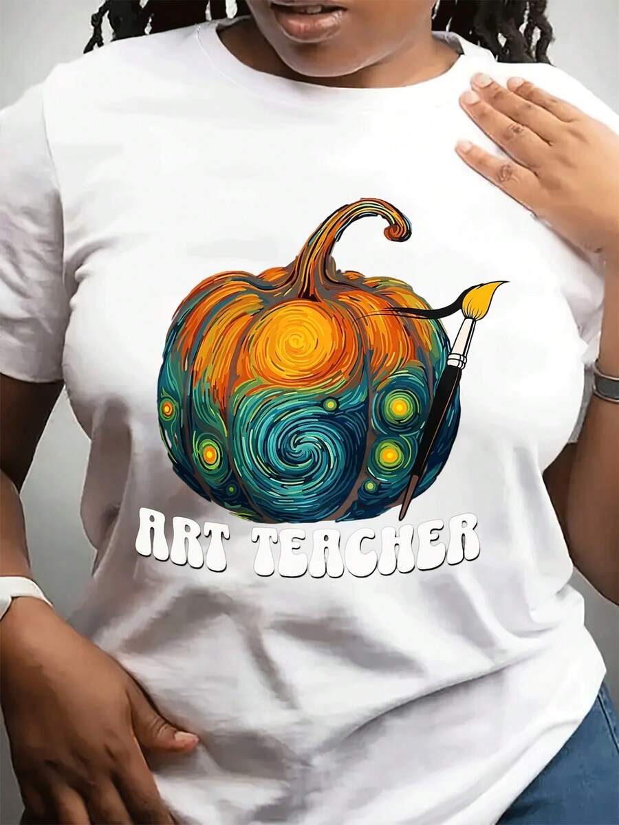 Thanksgiving Day Women's Round-Neck Fashionable Casual T-Shirt With Pumpkin Art Brush Pattern And Art Teacher Theme