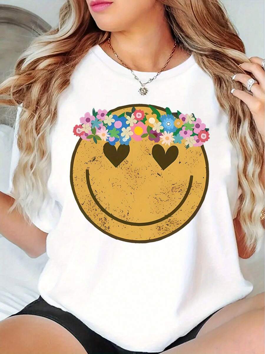 Creative Floral Smiling Pattern Printed Women'S Casual Sports T-Shirt, Round Neck, Short Sleeves, Comfortable Summer Top For Holidays