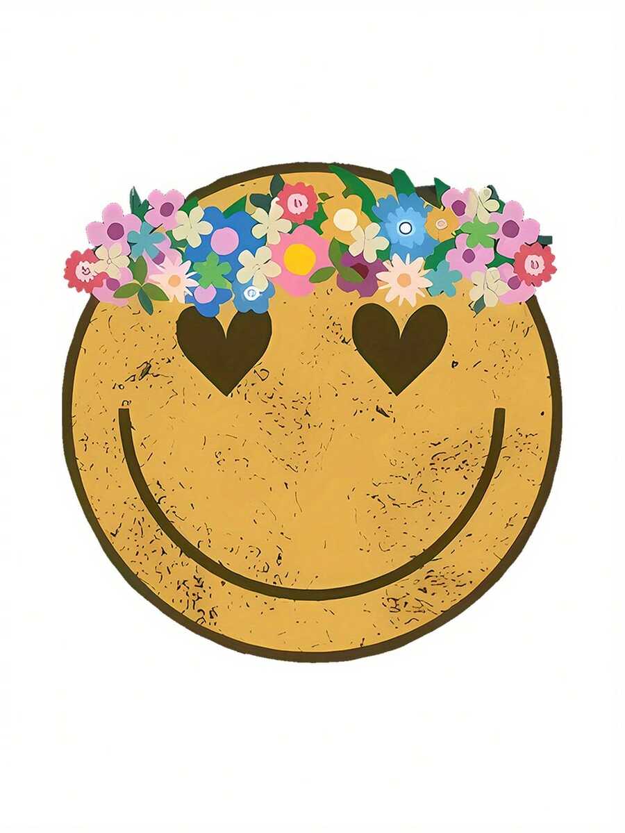 Creative Floral Smiling Pattern Printed Women'S Casual Sports T-Shirt, Round Neck, Short Sleeves, Comfortable Summer Top For Holidays