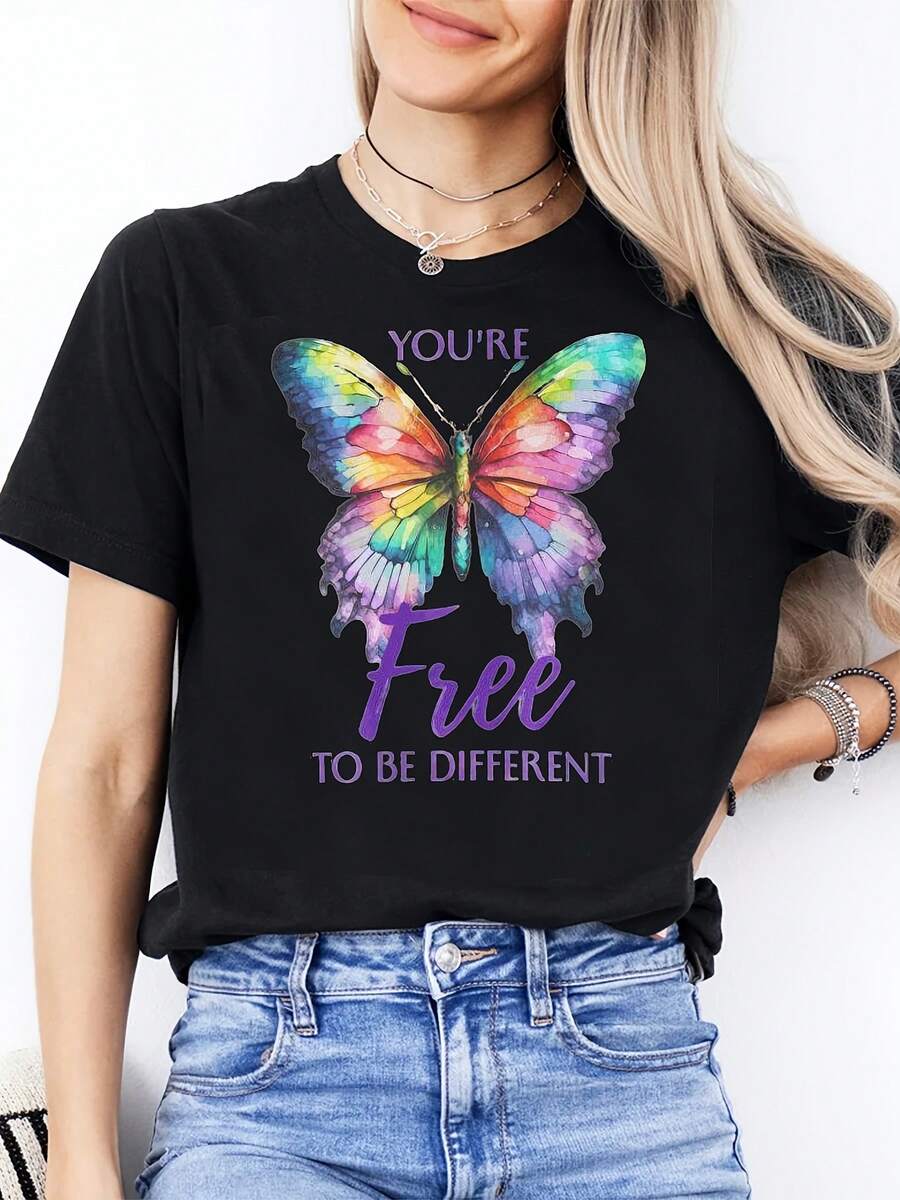 New Women'S Fashionable Short Sleeve Casual Crew Neck T-Shirt| Rainbow Butterfly Print, Literary Style, Perfect For Family And Friends, Slight Stretch Fabric