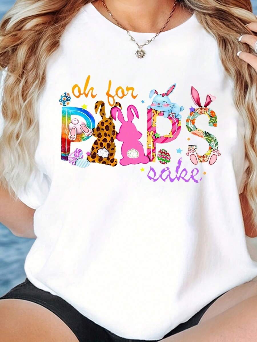 Women'S Black And White Short Sleeve T-Shirt With Easter Bunny, Egg, And Star Print| Playful Holiday Atmosphere, Crew Neck, Slight Stretch Fabric, Ideal Easter Gift