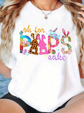 Women'S Black And White Short Sleeve T-Shirt With Easter Bunny, Egg, And Star Print| Playful Holiday Atmosphere, Crew Neck, Slight Stretch Fabric, Ideal Easter Gift