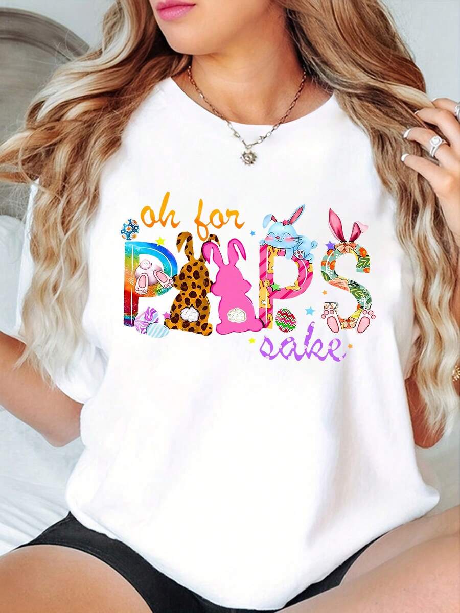 Women'S Black And White Short Sleeve T-Shirt With Easter Bunny, Egg, And Star Print| Playful Holiday Atmosphere, Crew Neck, Slight Stretch Fabric, Ideal Easter Gift